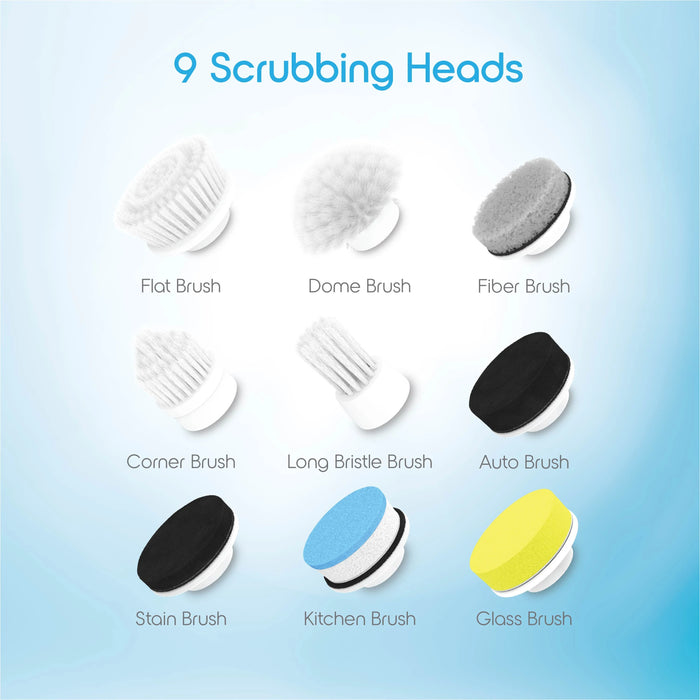 9 interchangeable scrubbing heads