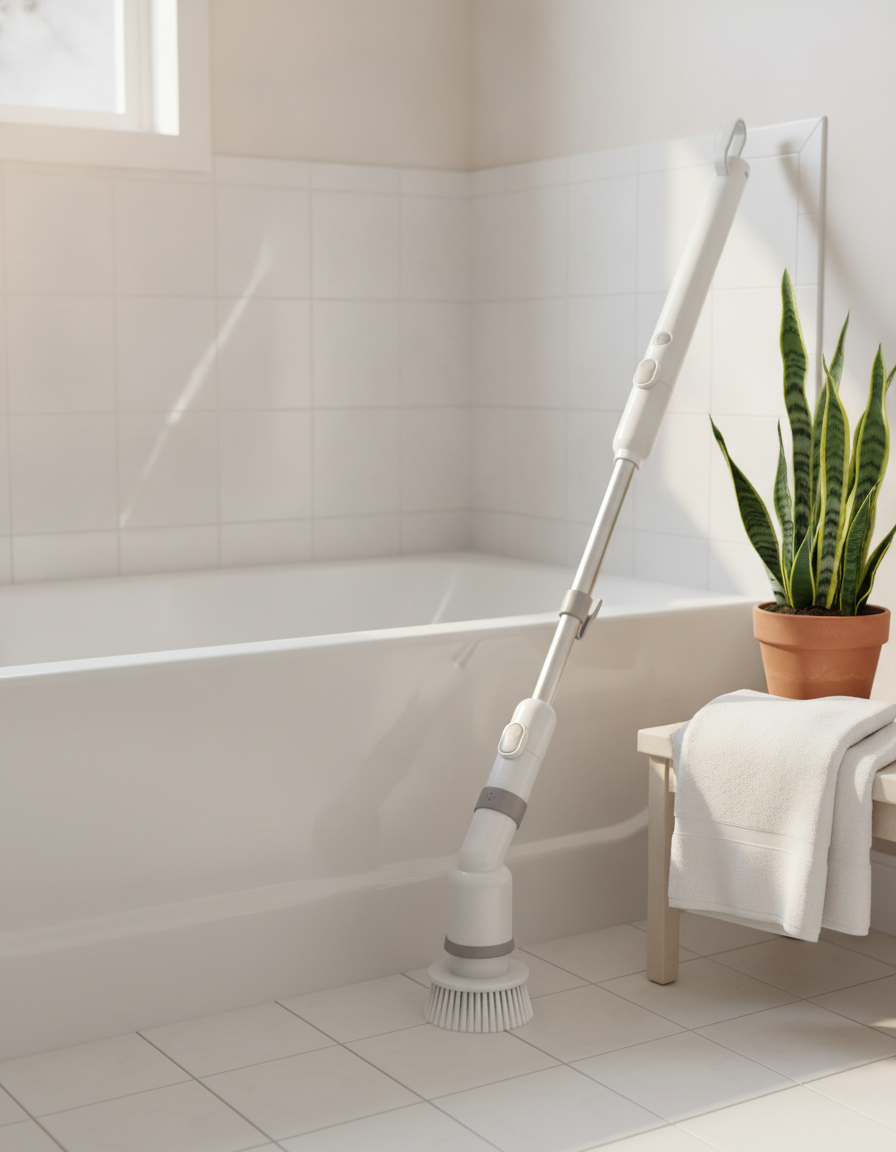 Sparkling clean bathroom with the spin scrubber leaning on the tub