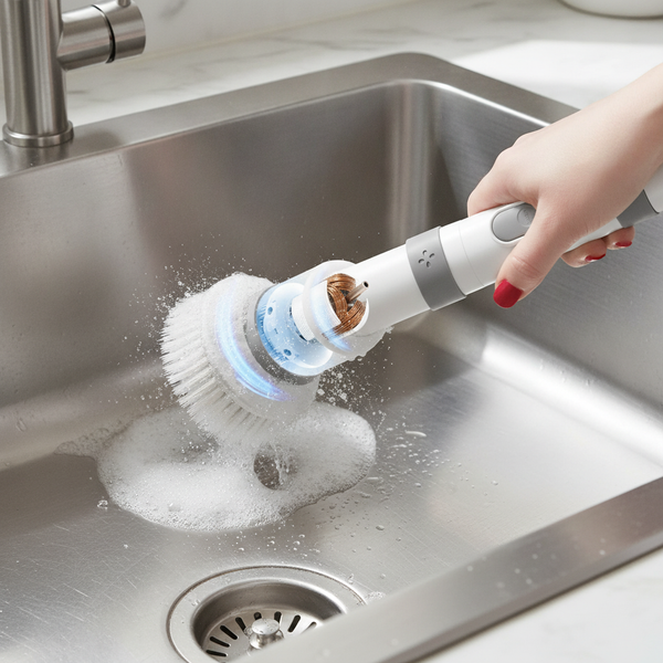 Spin scrubber cleaning a stainless steel kitchen sink