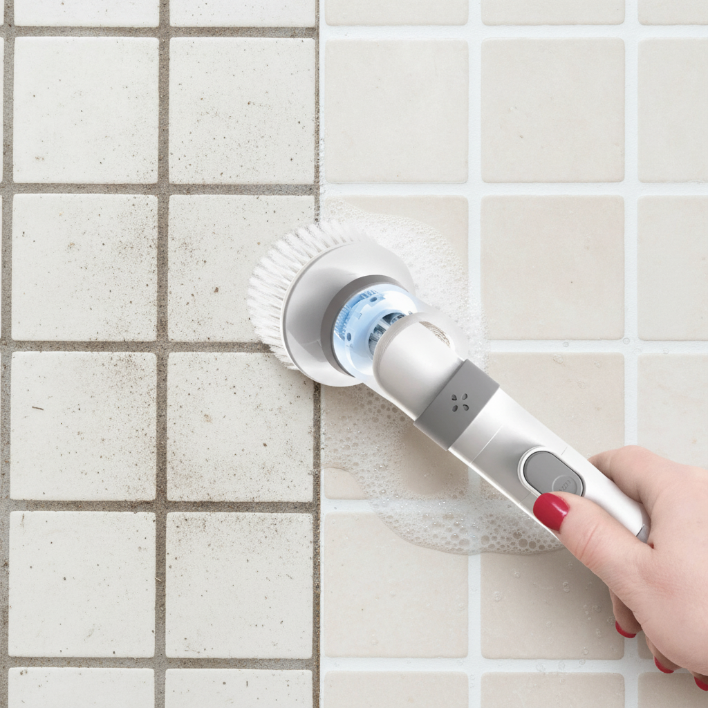 Dirty grout on the left, clean grout on the right after the spin scrubber