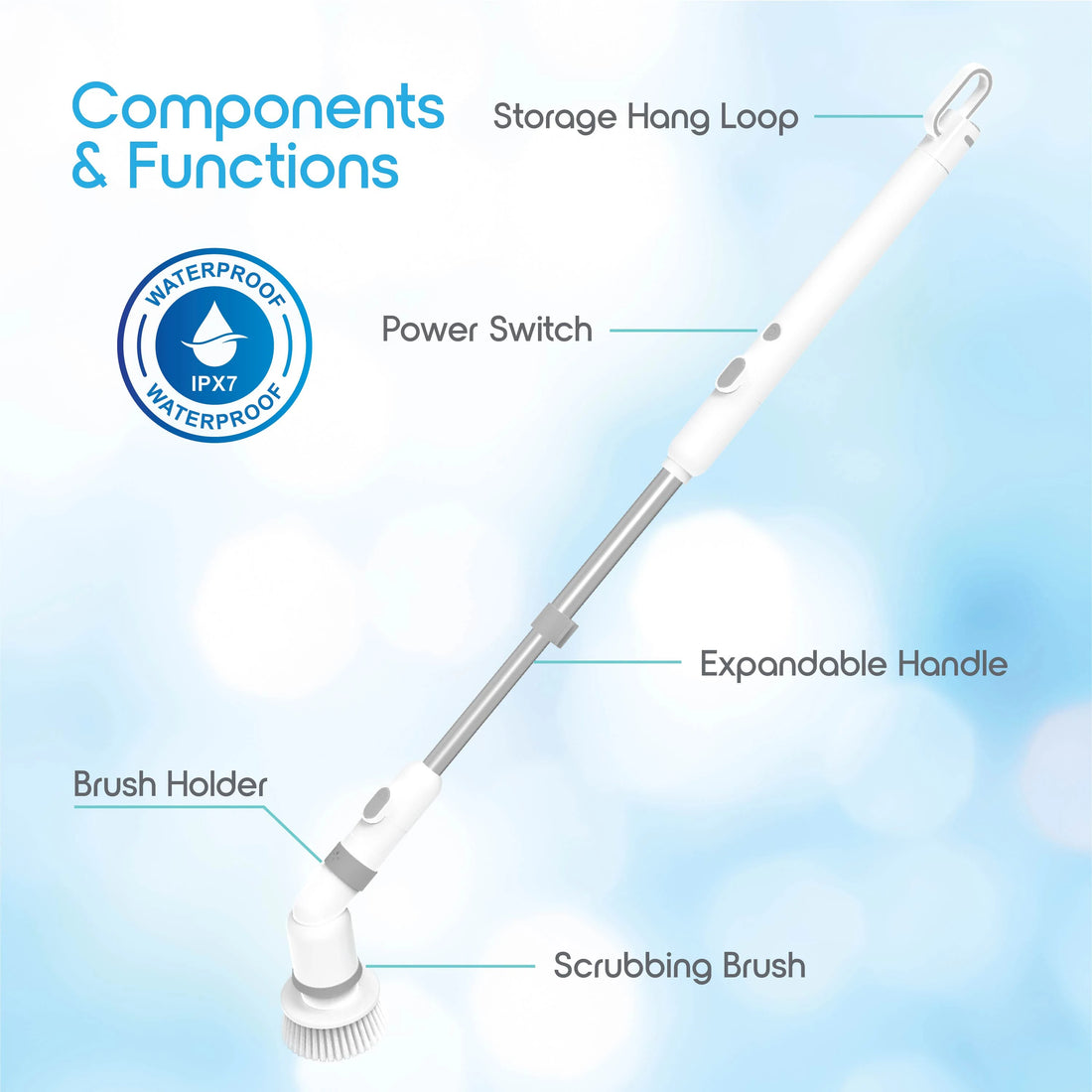 Spin scrubber parts: storage loop, power switch, expandable handle, brush