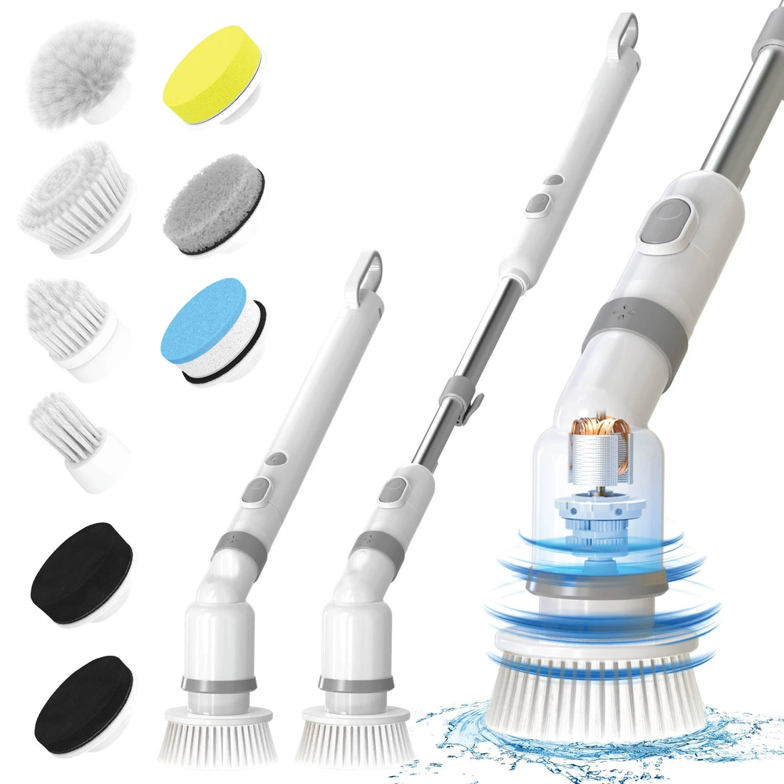 Cordless spin scrubber with extendable handle and brush heads