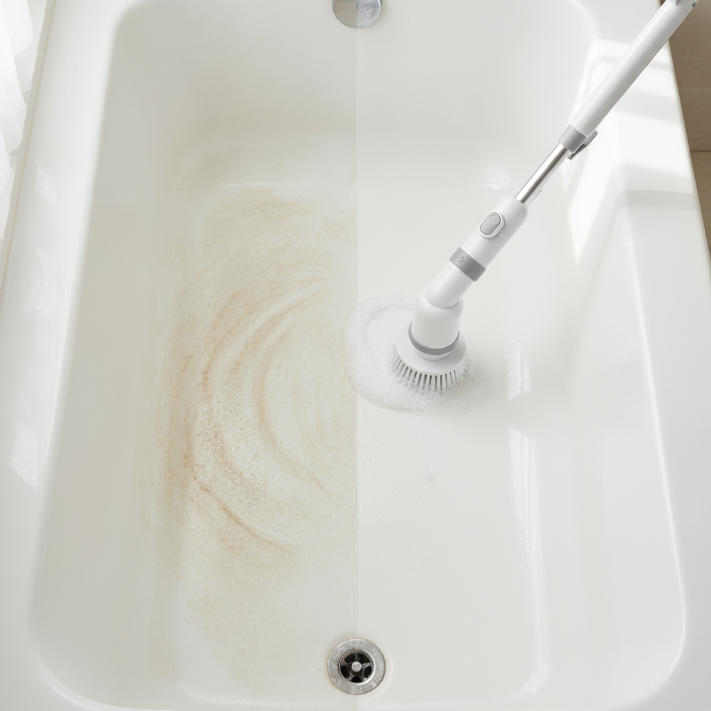 Bathtub half covered in soap scum, half spotless after scrubbing