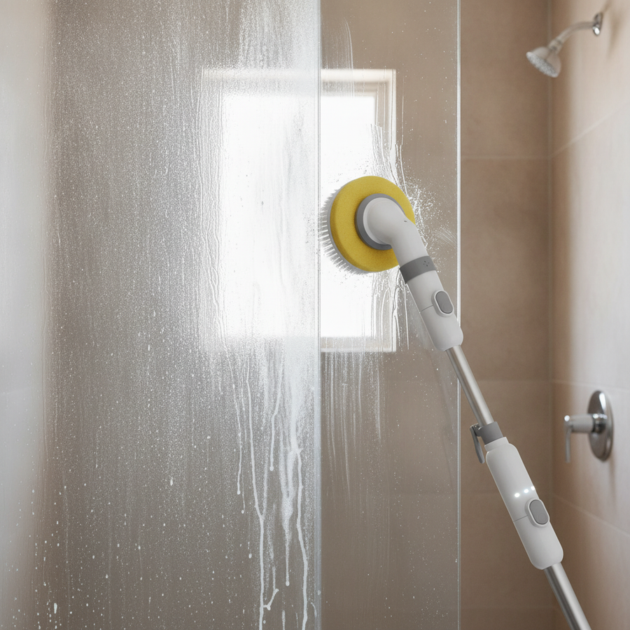 Shower glass half cloudy, half clear after the spin scrubber