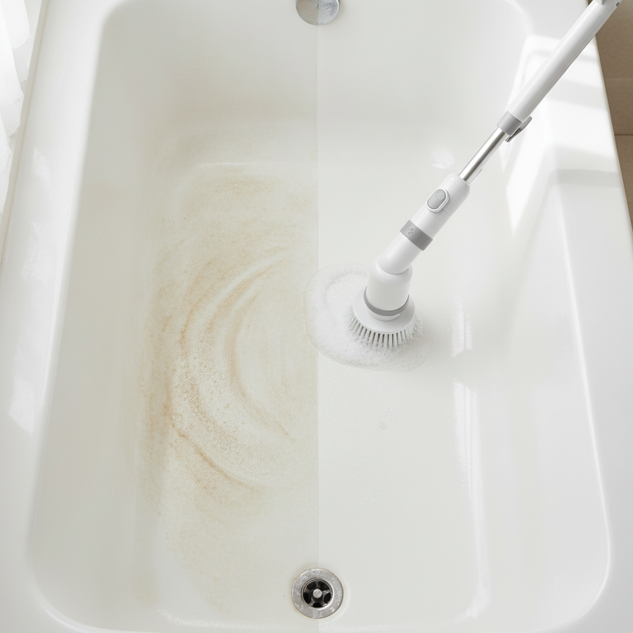 Bathtub half covered in soap scum, half spotless after scrubbing
