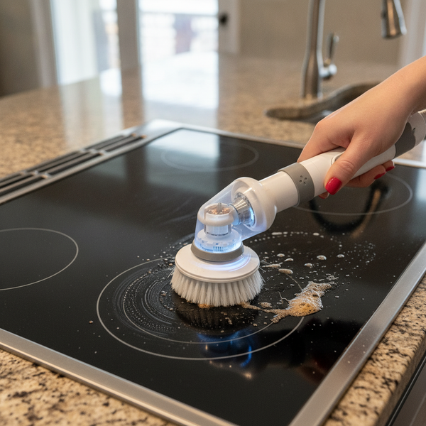 Spin scrubber cleaning a glass stovetop