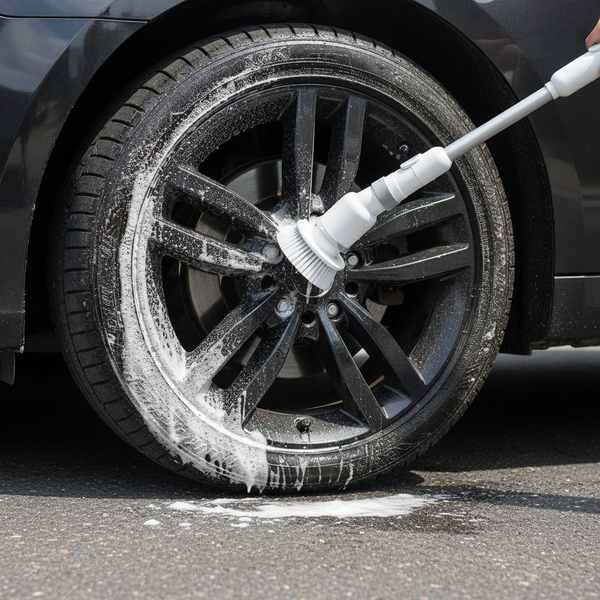 Spin scrubber cleaning a car wheel