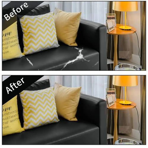 Before and after: a torn black faux-leather couch cushion covered with a peel-and-stick leather repair sheet