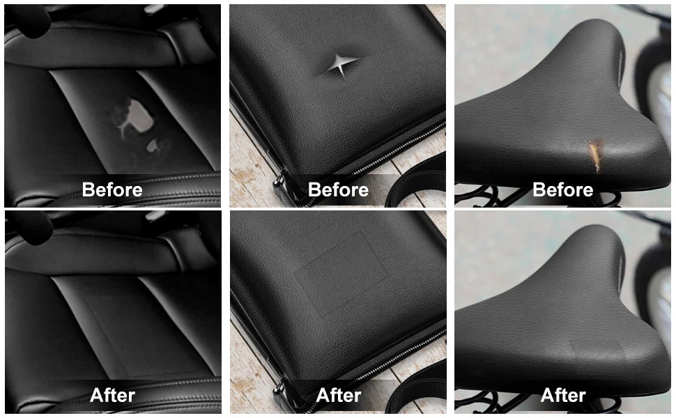 Before and after examples of torn leather seats repaired with leather repair sheets