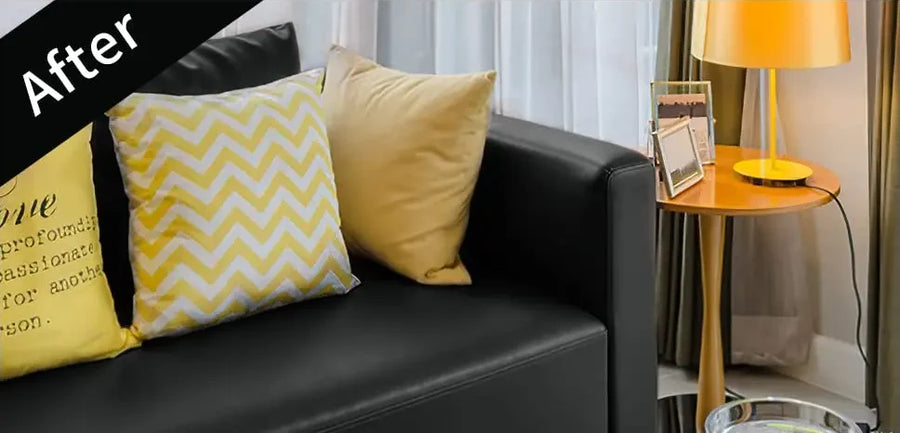 The same couch cushion after a peel-and-stick leather repair sheet was applied