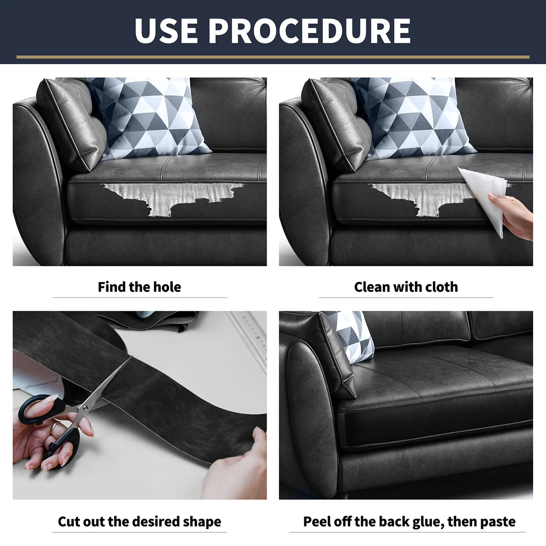 How to apply: find the damage, clean it, cut the sheet to shape, peel and press